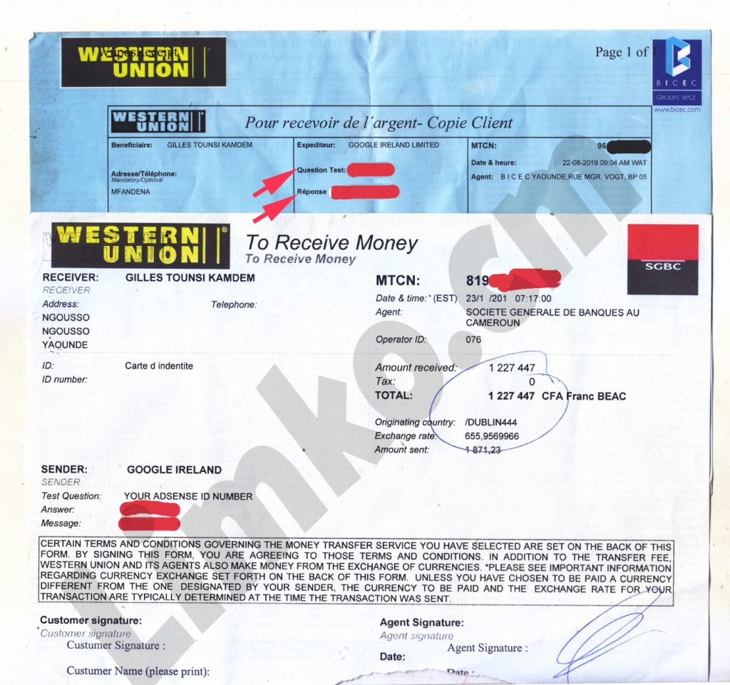 Google Adsense Western Union Receipt